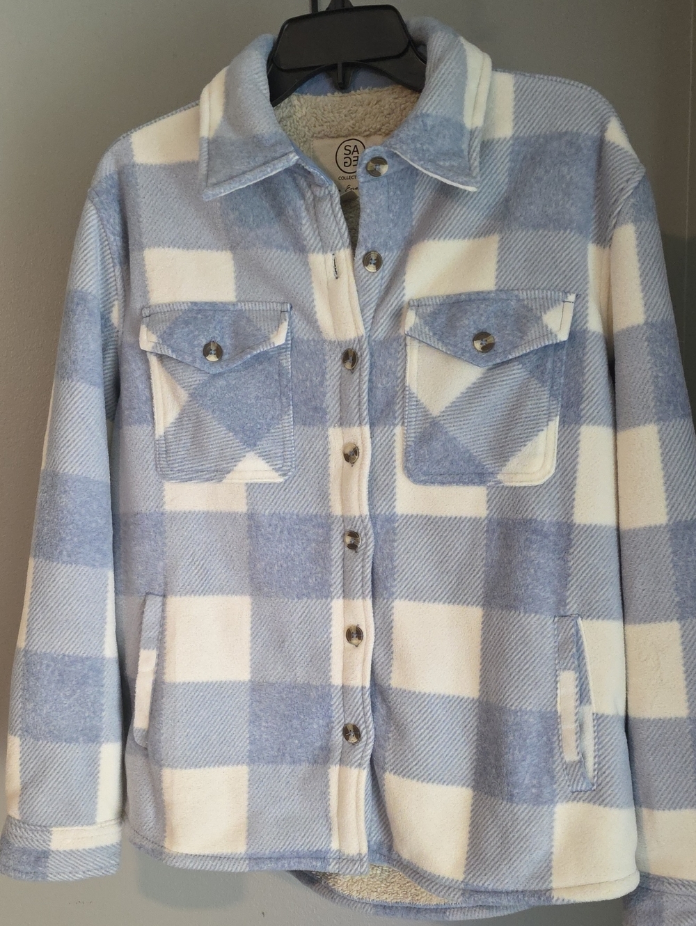 SAGE Collective Light Blue Plaid Sherpa-Lined Utility Fleece Shacket Size S